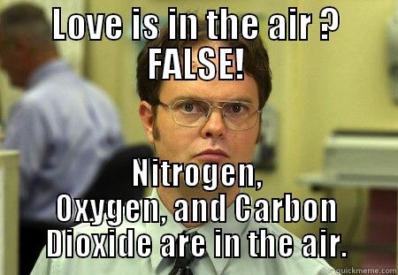 Mmmmmm...... Is that love in the air? - LOVE IS IN THE AIR ? FALSE! NITROGEN, OXYGEN, AND CARBON DIOXIDE ARE IN THE AIR. Schrute