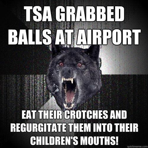 TSA Grabbed balls at airport Eat their crotches and regurgitate them into their children's mouths!  Insanity Wolf