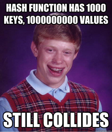 hash function has 1000 keys, 1000000000 values still collides - hash function has 1000 keys, 1000000000 values still collides  Bad Luck Brian