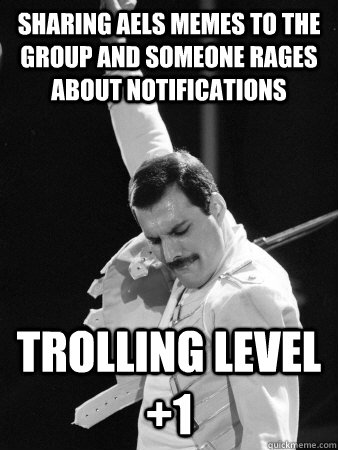 sharing aels memes to the group and someone rages about notifications trolling level +1  Freddie Mercury