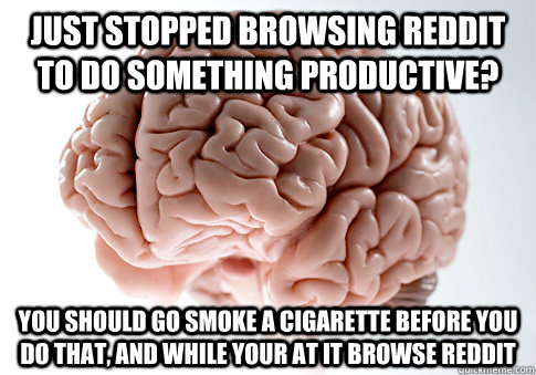 just stopped browsing reddit to do something productive? you should go smoke a cigarette before you do that, and while your at it browse reddit  Scumbag Brain