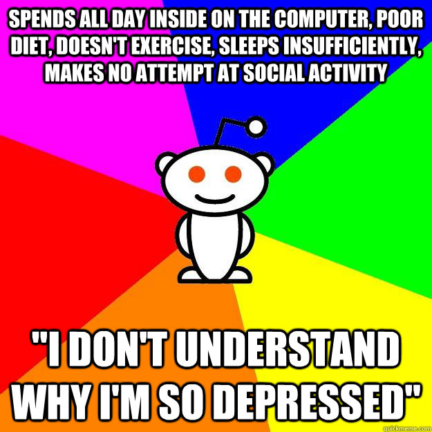 Spends all day inside on the computer, poor diet, doesn't exercise, sleeps insufficiently, makes no attempt at social activity 