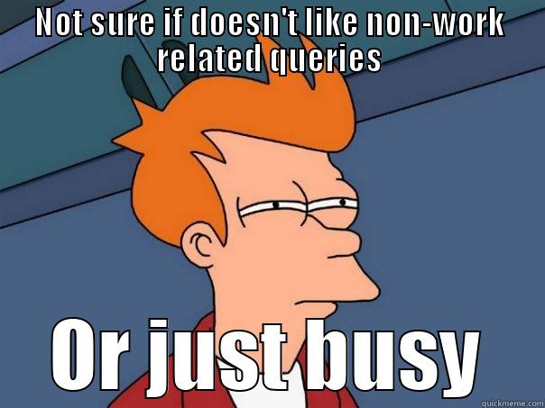 BUSY WORK Yeah - NOT SURE IF DOESN'T LIKE NON-WORK RELATED QUERIES OR JUST BUSY Futurama Fry