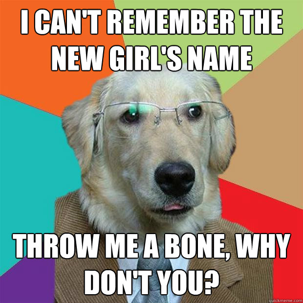 I can't remember the new girl's name Throw me a bone, why don't you?  Business Dog