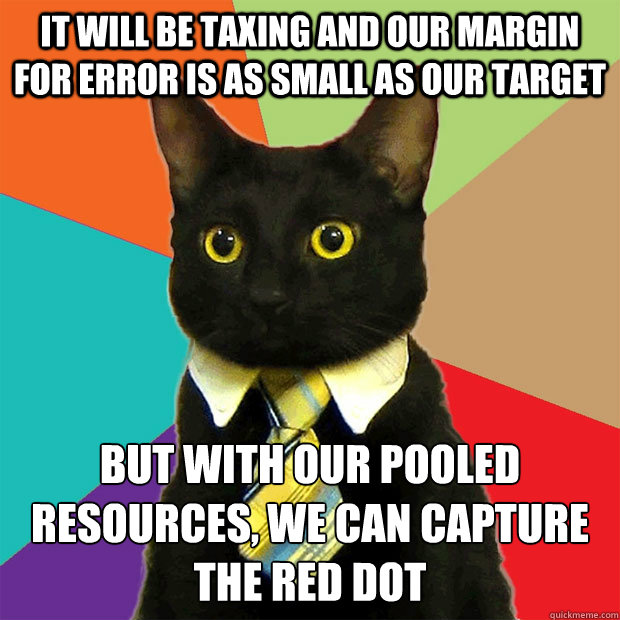 It will be taxing and our margin for error is as small as our target  But with our pooled resources, we can capture the red dot  Business Cat