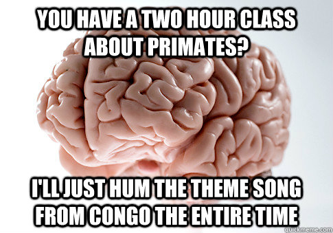 You have a two hour class about primates? I'll just hum the theme song from congo the entire time  Scumbag Brain