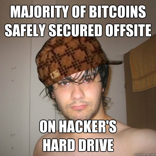 MAJORITY OF BITCOINS SAFELY SECURED OFFSITE ON HACKER'S
HARD DRIVE  Scumbag Tux