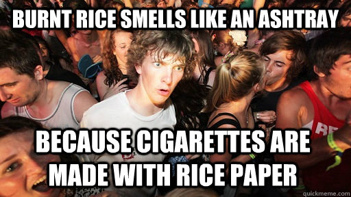 burnt rice smells like an ashtray because cigarettes are made with rice paper  Sudden Clarity Clarence