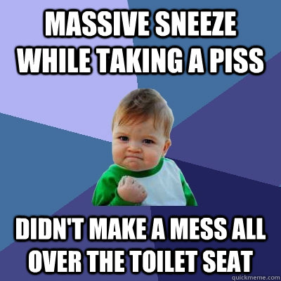 Massive sneeze while taking a piss Didn't make a mess all over the toilet seat  Success Kid