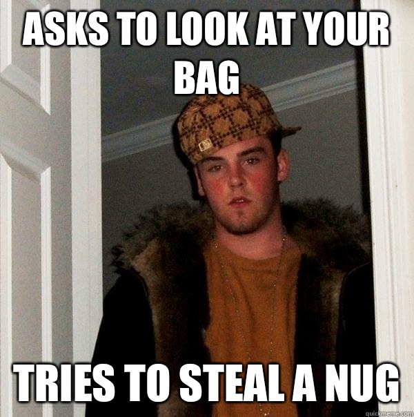 Asks to look at your bag Tries to steal a nug  Scumbag Steve