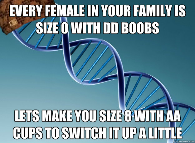 Every female in your family is size 0 with dD boobs Lets make you size 8 with aa cups to switch it up a little  Scumbag Genetics