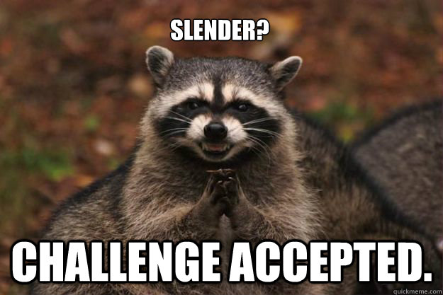 Slender? Challenge accepted.  Evil Plotting Raccoon