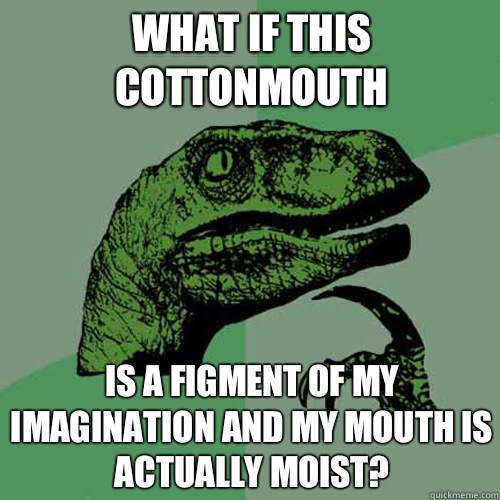 What if this cottonmouth  Is a figment of my imagination and my mouth is actually moist?  Philosoraptor