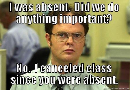 I WAS ABSENT.  DID WE DO ANYTHING IMPORTANT? NO.  I CANCELED CLASS SINCE YOU WERE ABSENT. Schrute