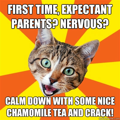 first time, expectant parents? nervous?
 calm down with some nice chamomile tea and crack!  Bad Advice Cat