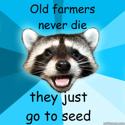 Old farmers
never die they just 
go to seed - Old farmers
never die they just 
go to seed  Lame Pun Coon