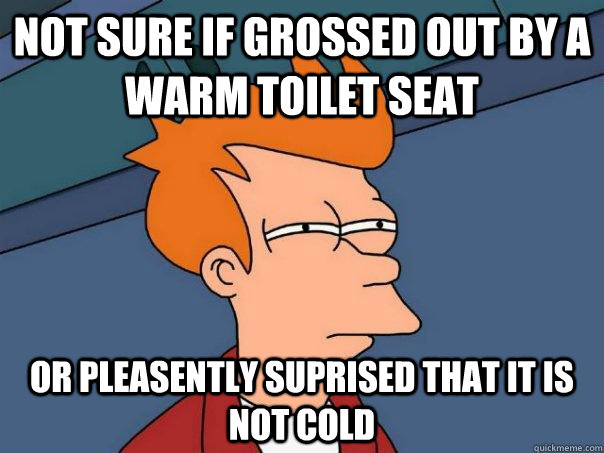 Not sure if grossed out by a warm toilet seat Or pleasently suprised that it is not cold  Futurama Fry