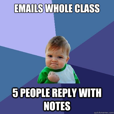 emails whole class  5 people reply with notes  Success Kid