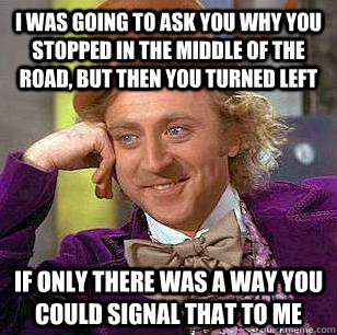 I was going to ask you why you stopped in the middle of the road, but then you turned left if only there was a way you could signal that to me - I was going to ask you why you stopped in the middle of the road, but then you turned left if only there was a way you could signal that to me  Condescending Wonka