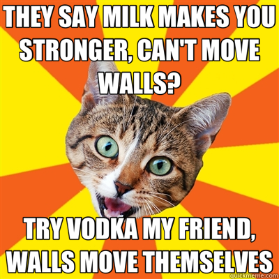 THEY SAY MILK MAKES YOU STRONGER, CAN'T MOVE WALLS? TRY VODKA MY FRIEND, WALLS MOVE THEMSELVES  Bad Advice Cat