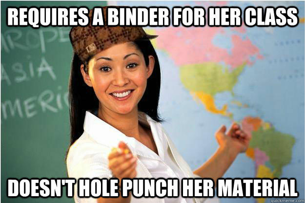 Requires a binder for her class Doesn't hole punch her material  