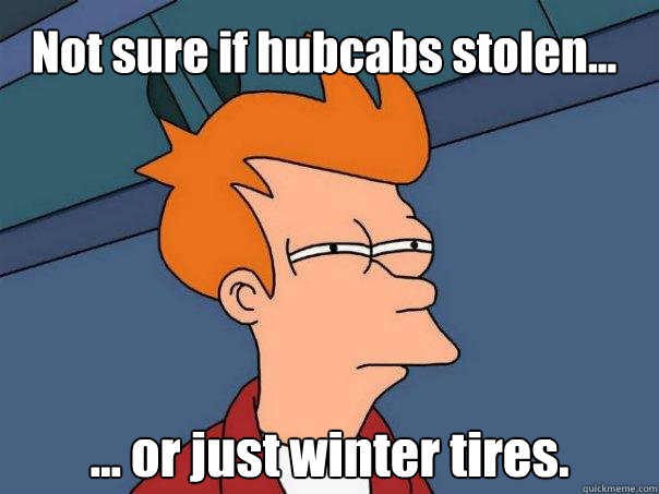 Not sure if hubcabs stolen... ... or just winter tires.  Futurama Fry