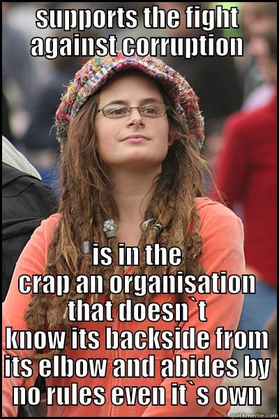 SUPPORTS THE FIGHT AGAINST CORRUPTION IS IN THE CRAP AN ORGANISATION THAT DOESN`T KNOW ITS BACKSIDE FROM ITS ELBOW AND ABIDES BY NO RULES EVEN IT`S OWN College Liberal