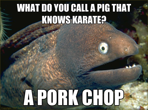 What do you call a pig that knows karate? A pork chop  Bad Joke Eel