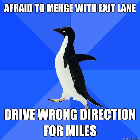 AFRAID TO MERGE WITH EXIT LANE DRIVE WRONG DIRECTION FOR MILES  Socially Awkward Penguin