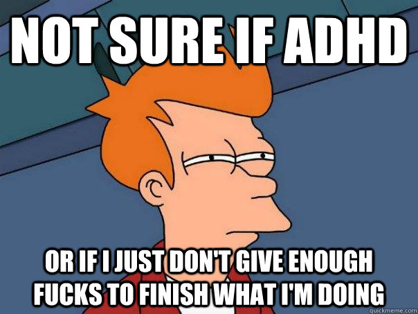 Not sure if ADHD or if I just don't give enough fucks to finish what I'm doing  Futurama Fry