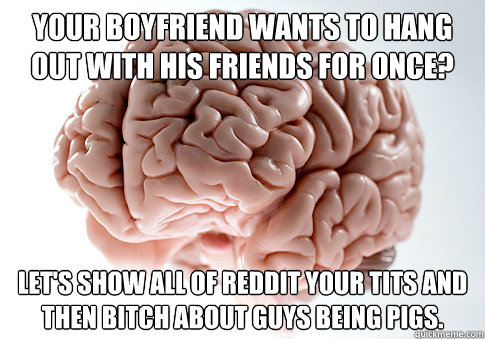 Your boyfriend wants to hang out with his friends for once? Let's show all of reddit your tits and then bitch about guys being pigs.  Scumbag Brain