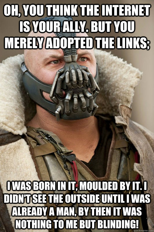 Oh, you think the internet is your ally. But you merely adopted the links; I was born in it, moulded by it. I didn't see the outside until I was already a man, by then it was nothing to me but BLINDING!   Bane