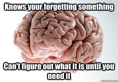 Knows your forgetting something  Can't figure out what it is until you need it  Scumbag Brain