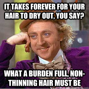 it takes forever for your hair to dry out, you say? what a burden full, non-thinning hair must be  Condescending Wonka