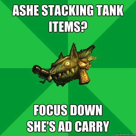 Ashe stacking tank items? Focus down 
She's AD carry  Bad LoL Player