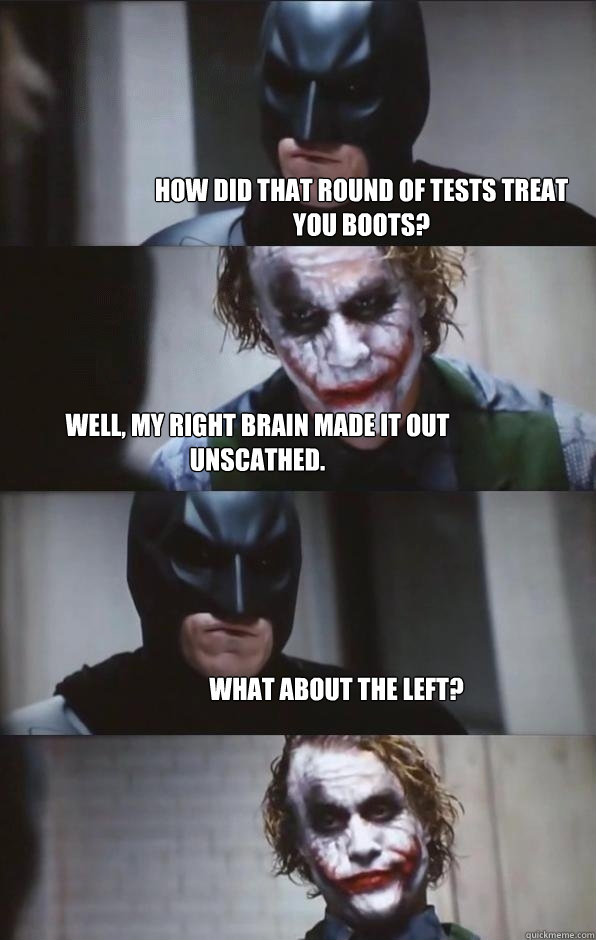 How did that round of tests treat you Boots? Well, my right brain made it out unscathed. What about the left? - How did that round of tests treat you Boots? Well, my right brain made it out unscathed. What about the left?  Batman Panel