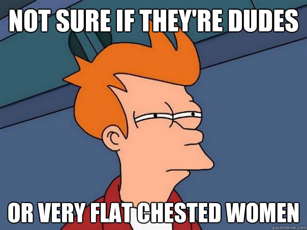 NOT SURE IF THEY'RE dudes or very flat chested women  Futurama Fry