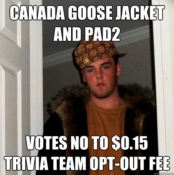 Canada Goose Jacket and Pad2 votes no to $0.15 Trivia Team opt-out fee - Canada Goose Jacket and Pad2 votes no to $0.15 Trivia Team opt-out fee  Scumbag Steve