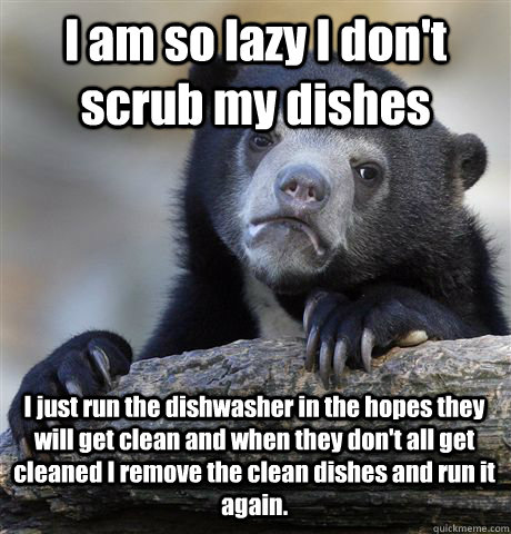 I am so lazy I don't scrub my dishes I just run the dishwasher in the hopes they will get clean and when they don't all get cleaned I remove the clean dishes and run it again. - I am so lazy I don't scrub my dishes I just run the dishwasher in the hopes they will get clean and when they don't all get cleaned I remove the clean dishes and run it again.  Confession Bear