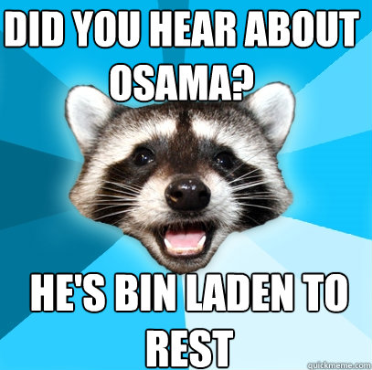 DID YOU HEAR ABOUT OSAMA? HE'S BIN LADEN TO REST - DID YOU HEAR ABOUT OSAMA? HE'S BIN LADEN TO REST  Lame Pun Coon