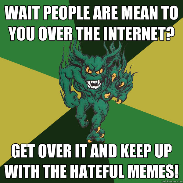 Wait people are mean to you over the internet? Get over it and keep up with the hateful memes! - Wait people are mean to you over the internet? Get over it and keep up with the hateful memes!  Green Terror