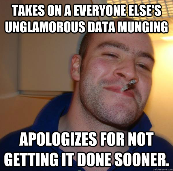 Takes on a everyone else's unglamorous data munging Apologizes for not getting it done sooner. - Takes on a everyone else's unglamorous data munging Apologizes for not getting it done sooner.  Misc