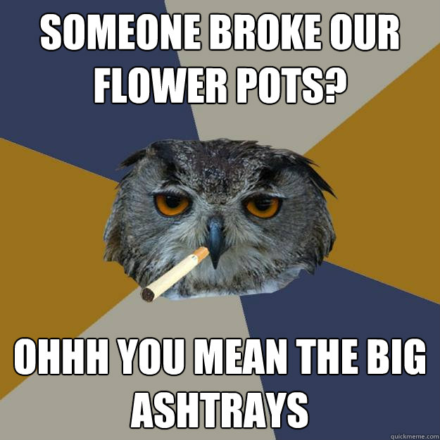 Someone broke our flower pots? ohhh you mean the big ashtrays  Art Student Owl