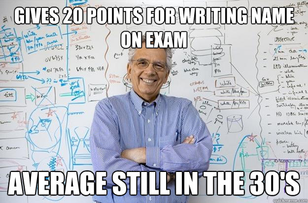 Gives 20 points for writing name on exam Average Still in the 30's  Engineering Professor