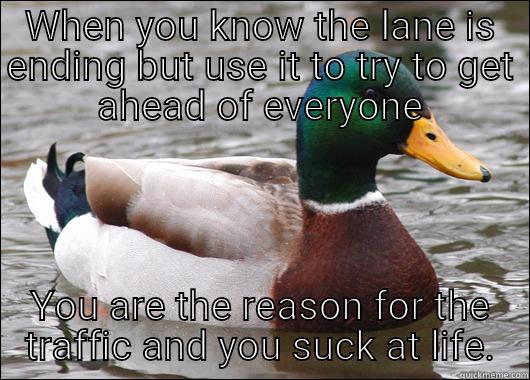 Driving tip 1 - WHEN YOU KNOW THE LANE IS ENDING BUT USE IT TO TRY TO GET AHEAD OF EVERYONE YOU ARE THE REASON FOR THE TRAFFIC AND YOU SUCK AT LIFE. Actual Advice Mallard