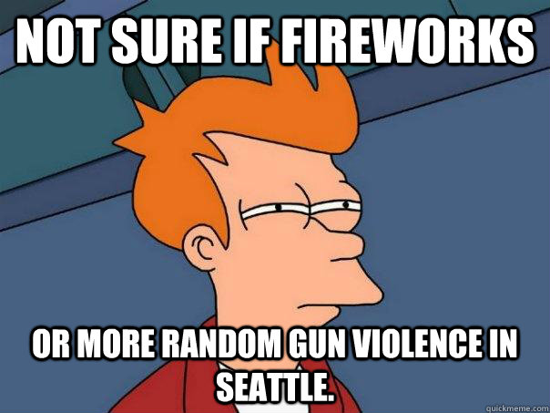 Not sure if fireworks Or more random gun violence in seattle.  Futurama Fry