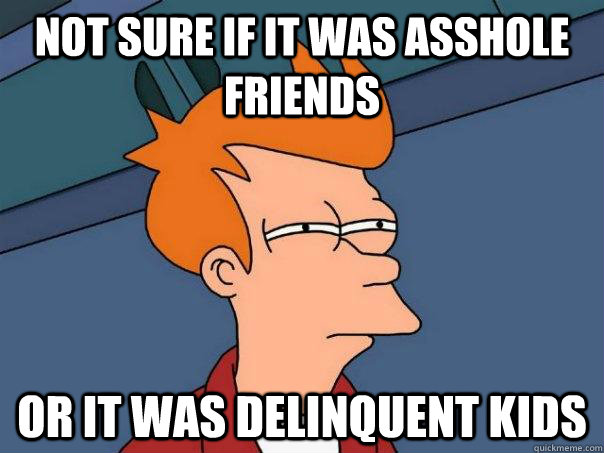 Not sure if it was asshole friends Or it was delinquent kids - Not sure if it was asshole friends Or it was delinquent kids  Futurama Fry