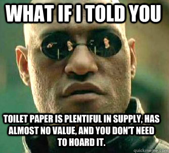 what if i told you Toilet paper is plentiful in supply, has almost no value, and you don't need to hoard it. - what if i told you Toilet paper is plentiful in supply, has almost no value, and you don't need to hoard it.  Matrix Morpheus