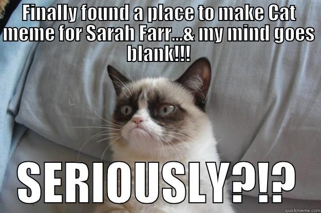 FINALLY FOUND A PLACE TO MAKE CAT MEME FOR SARAH FARR…& MY MIND GOES BLANK!!! SERIOUSLY?!? Grumpy Cat