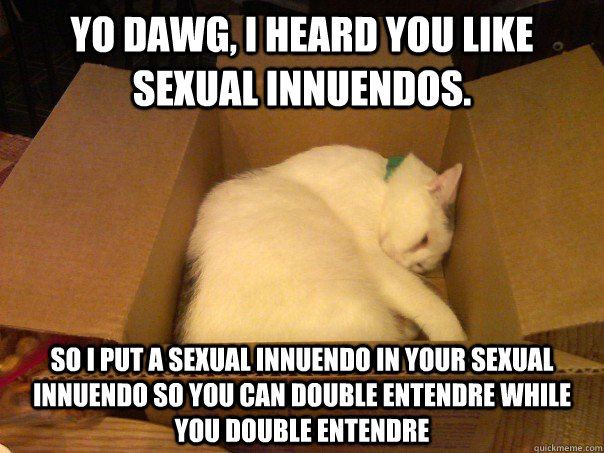 Yo dawg, I heard you like sexual innuendos. So i put a sexual innuendo in your sexual innuendo so you can double entendre while you double entendre  